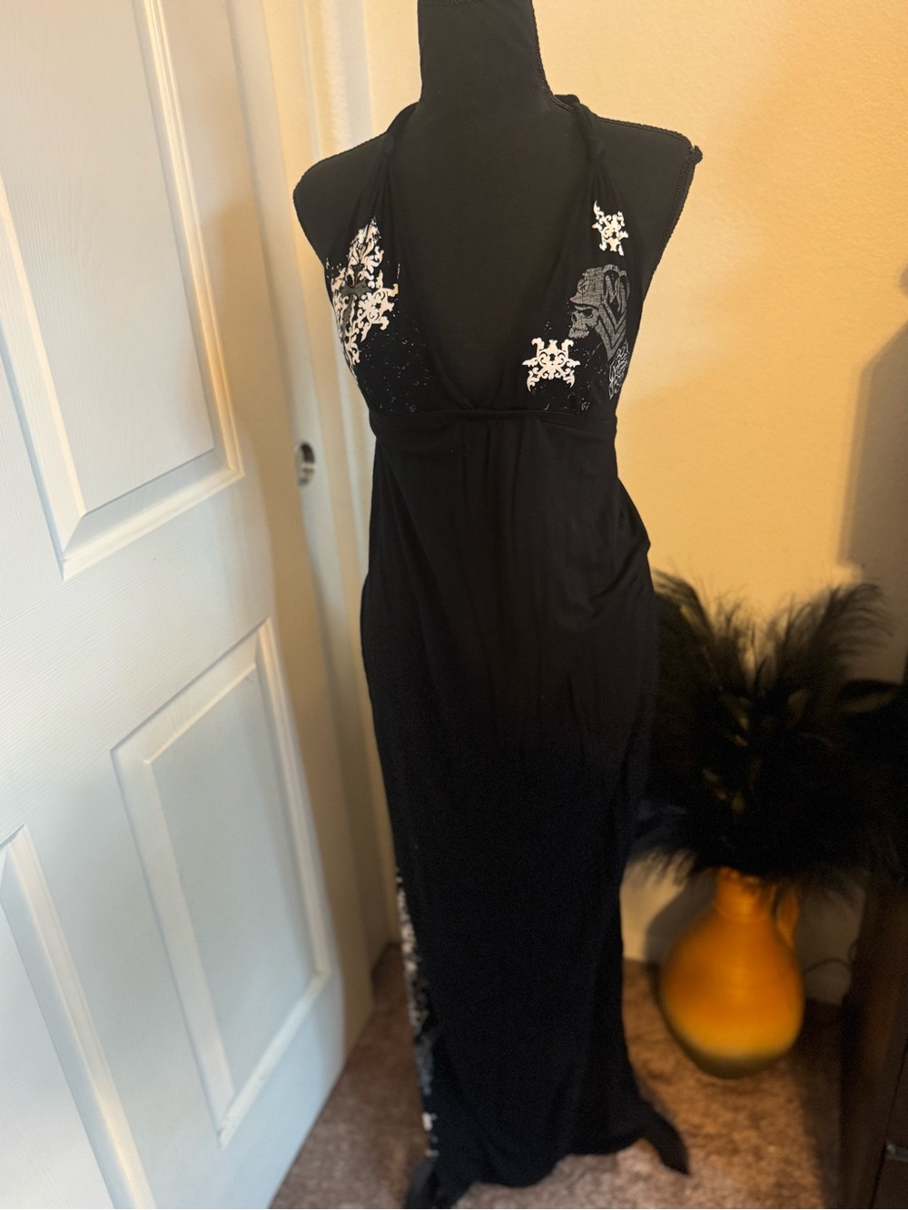 Black Halter Maxi Dress with White Embroidered Accents